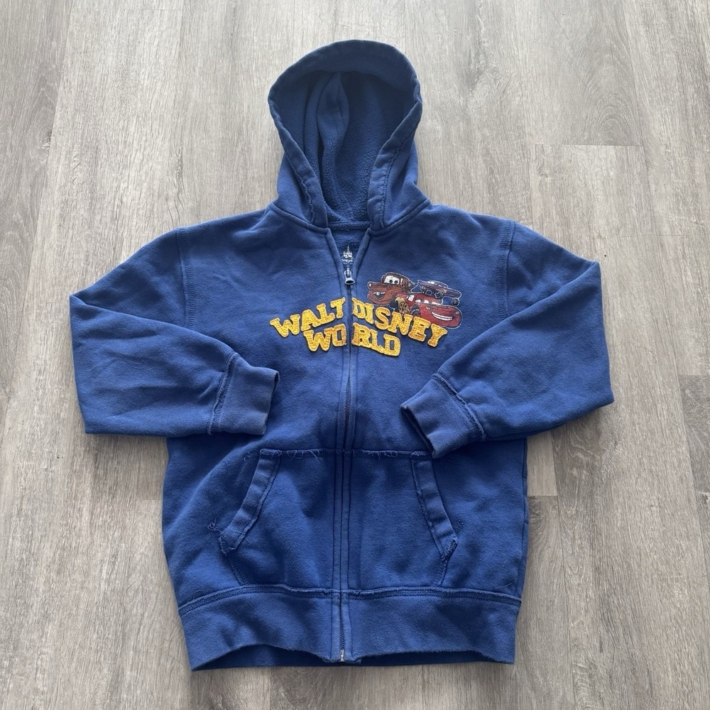 Walt Disney World Cars Zip Up Jacket Youth Boys Medium Blue Hooded (8-10)